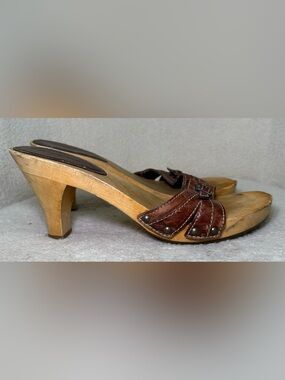 Vintage Y2K Xhilaration Wooden Heels Slides Brown Leather Bohemian Club Trendy 9